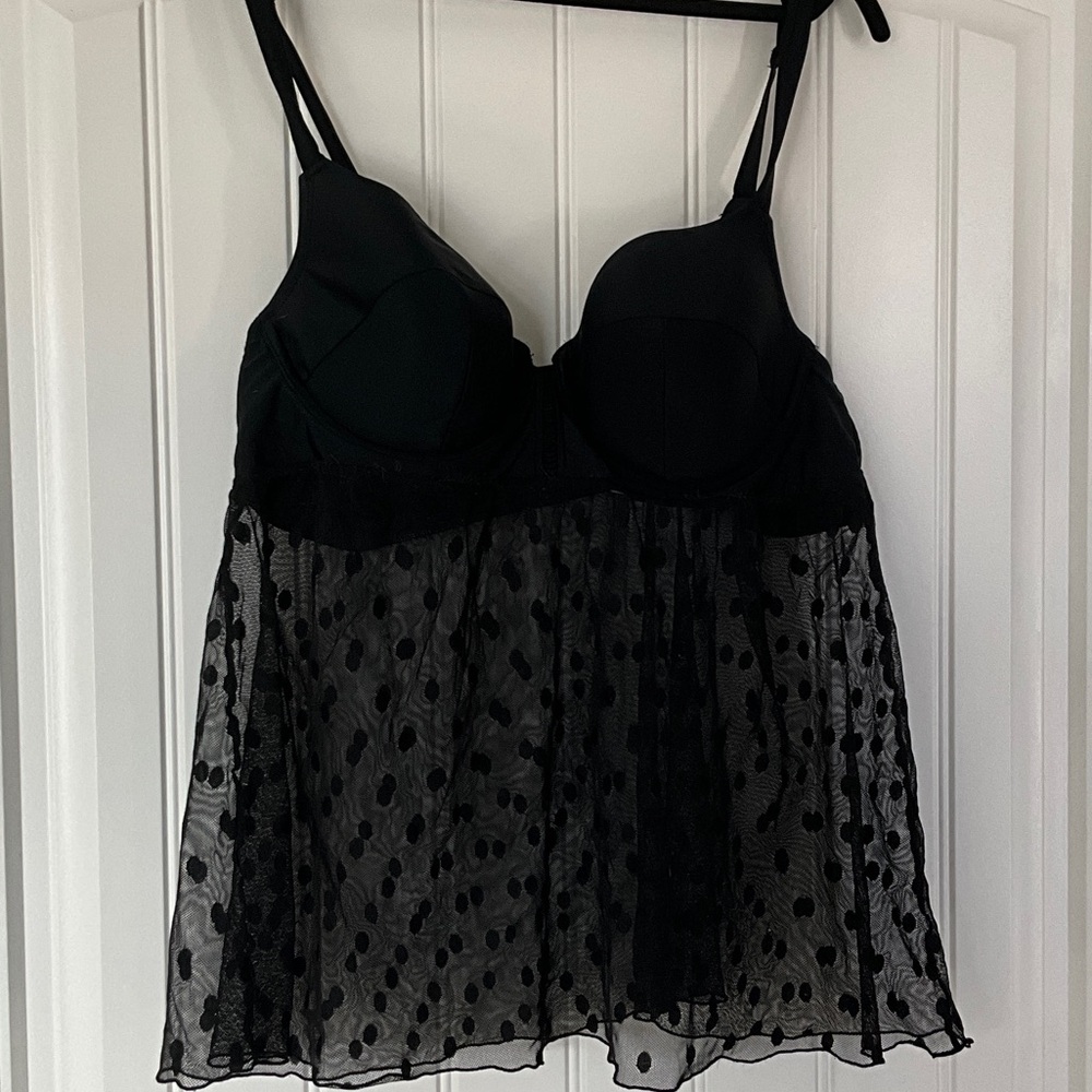 Chic Black Sheer Polka Dot Chemise Tankini Top